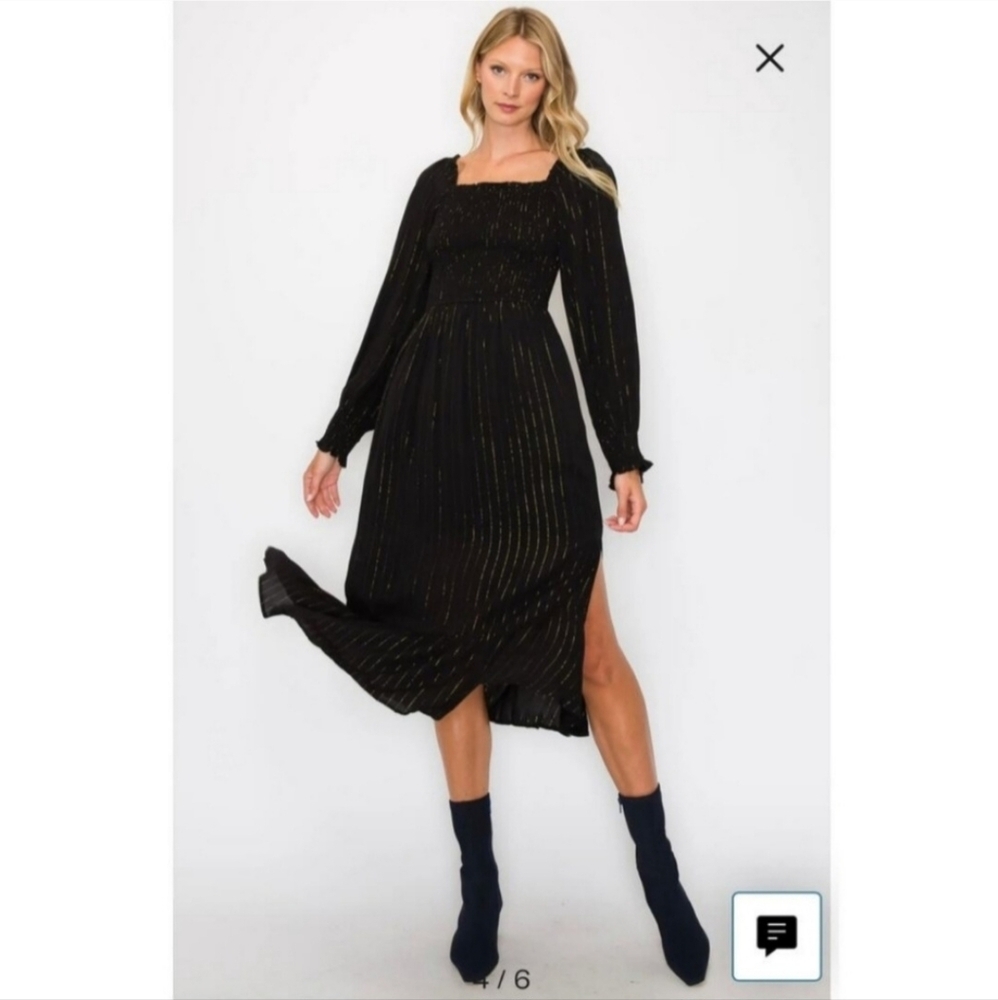 OAT New York Black Metallic Puff Long Sleeve Smocked Maxi Dress Sz Large NWT